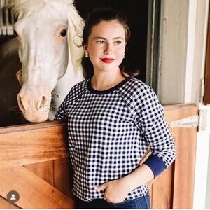 Draper James Natalie Navy Blue & White Gingham Checked Sweatshirt